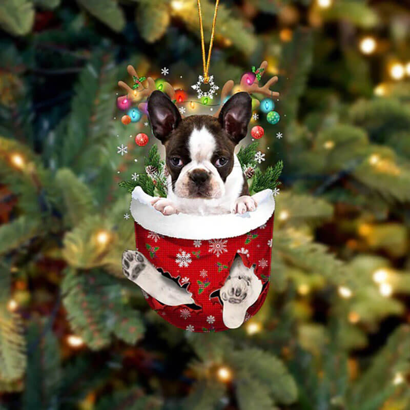 Boston Terrier In Snow Pocket Christmas Ornament SP007