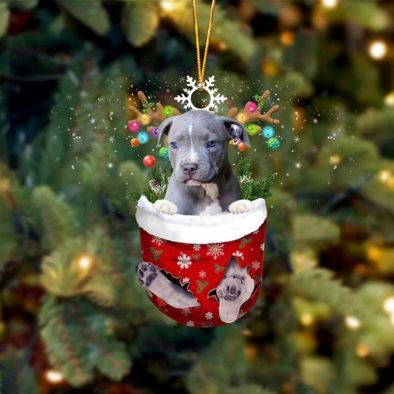 Blue Pitbull In Snow Pocket Christmas Ornament SP076
