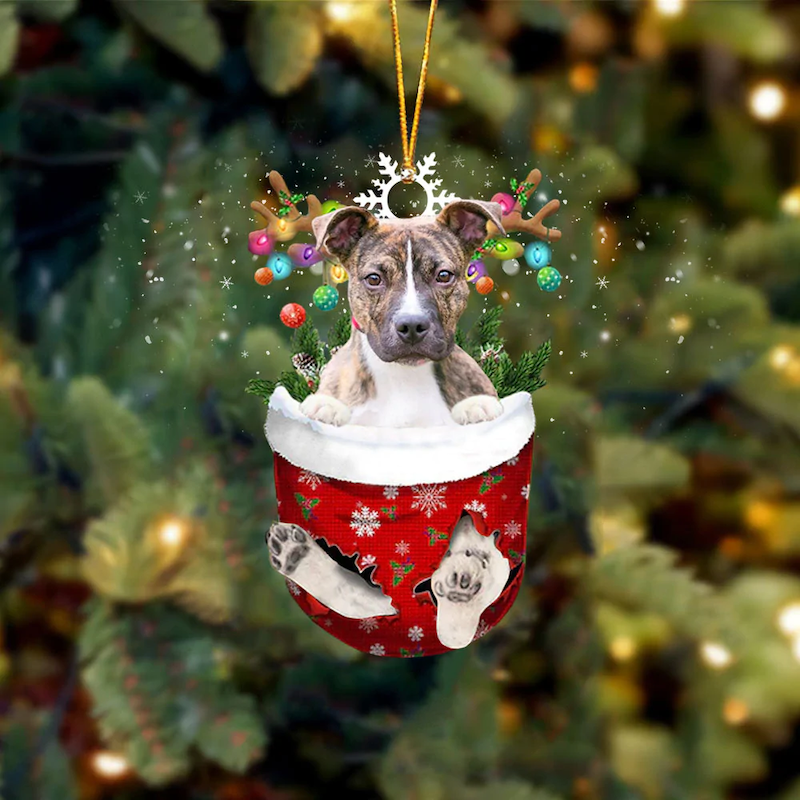 Brindle Pitbull In Snow Pocket Christmas Ornament SP107
