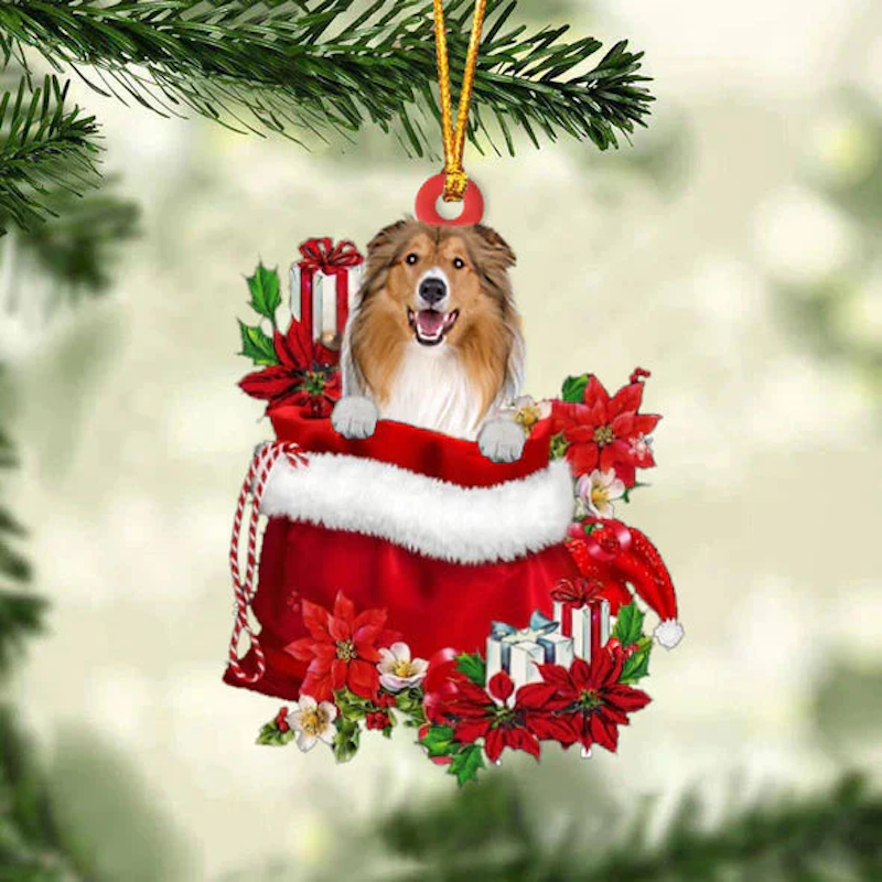 Rough Collie In Gift Bag Christmas Ornament GB016