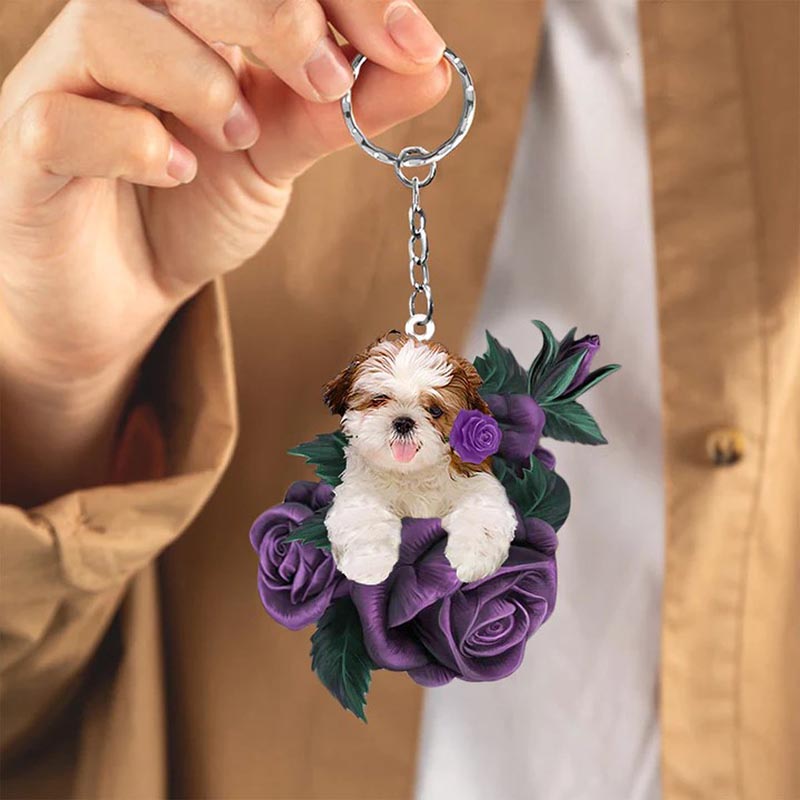 Shih Tzu In Purple Rose Acrylic Keychain PR002
