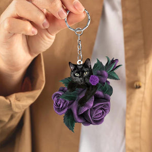 Black Cat In Purple Rose Acrylic Keychain PR039