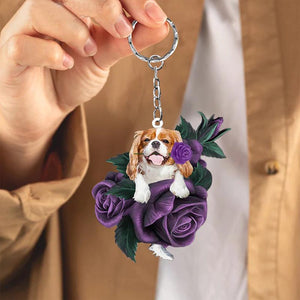 Cavalier King Charles Spaniel In Purple Rose Acrylic Keychain PR052
