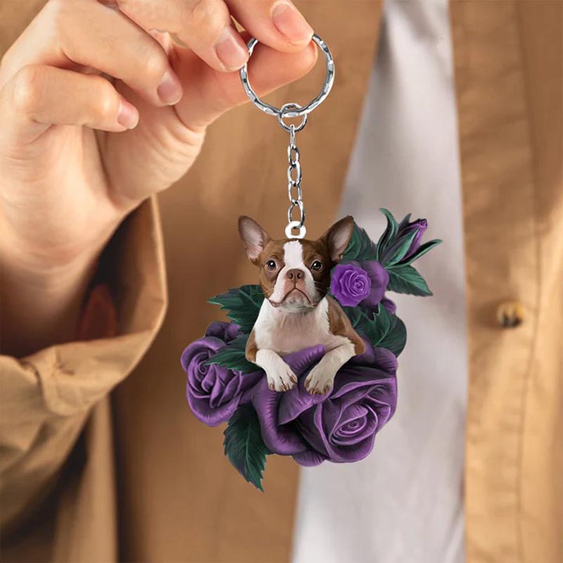 Boston Terrier In Purple Rose Acrylic Keychain PR055