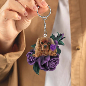 Cavalier King Charles Spaniel In Purple Rose Acrylic Keychain PR075