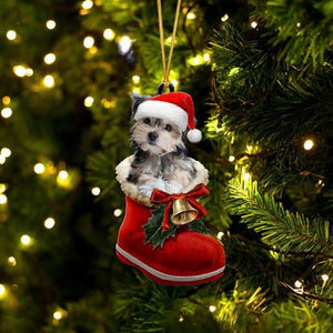 Morkie In Santa Boot Christmas Hanging Ornament SB111