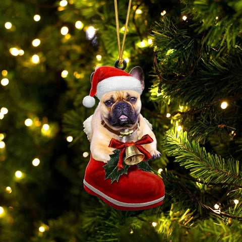 French Bulldog Fawn In Santa Boot Christmas Hanging Ornament SB181