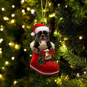 French Bulldog Brindle and White In Santa Boot Christmas Hanging Ornament SB182