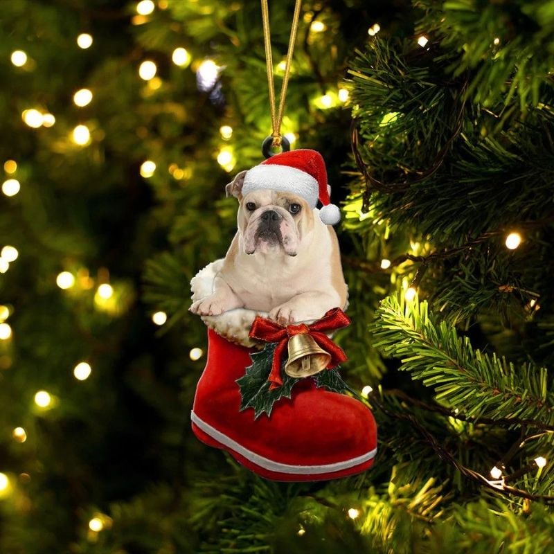 English Bulldog Fawn In Santa Boot Christmas Hanging Ornament SB184