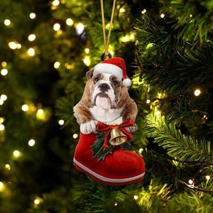 English Bulldog Brindle In Santa Boot Christmas Hanging Ornament SB185