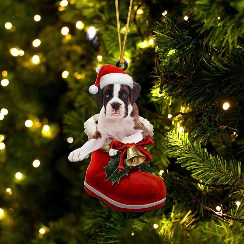 Boxer White In Santa Boot Christmas Hanging Ornament SB193