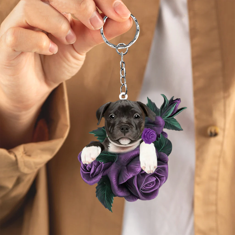 Staffordshire Bull Terrier In Purple Rose Acrylic Keychain PR109
